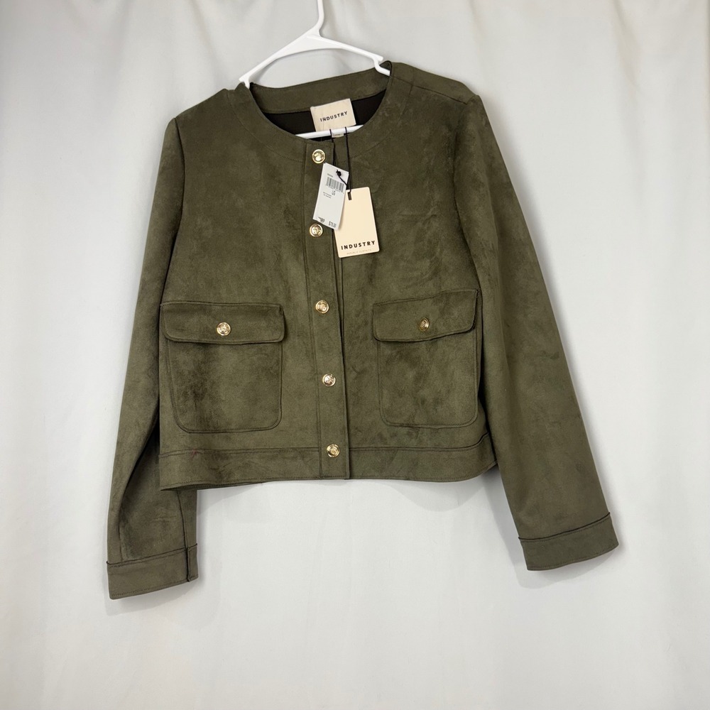 INDUSTRY Faux Leather Olive Green Button Front Cropped Jacket Women's Size‎ L